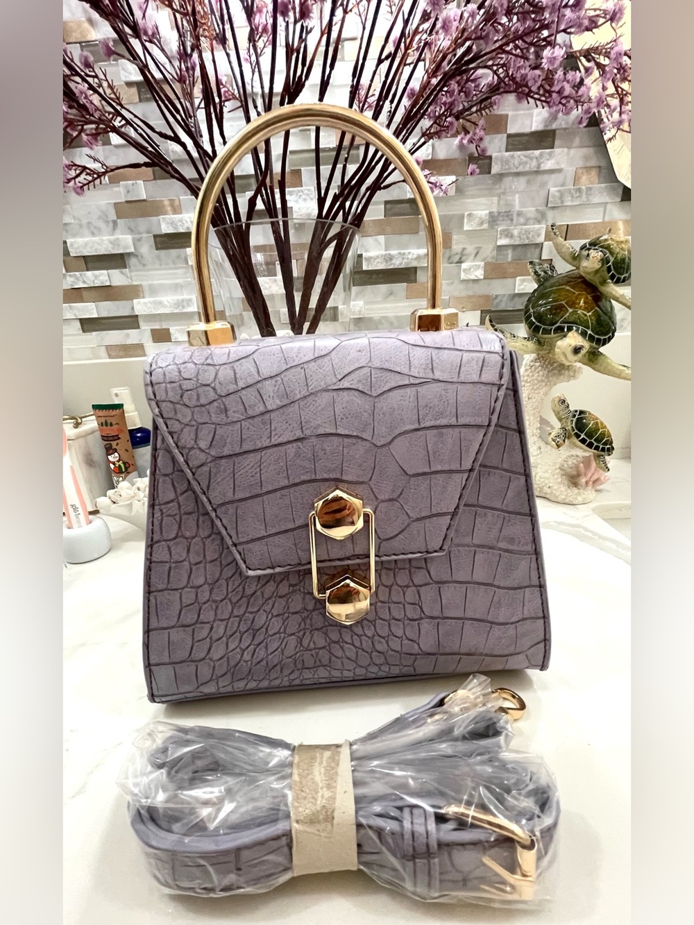 Badgley Mischka Lilac Croc-Embossed Top Handle Crossbody with Gold Hardware